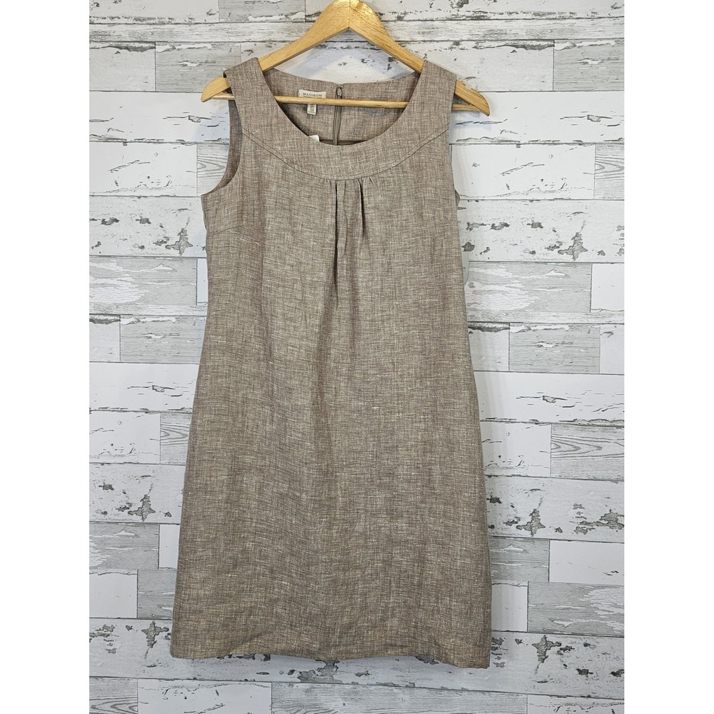Madison 100% Linen Sleeveles Shift Dress 8 Natural Brown Lined